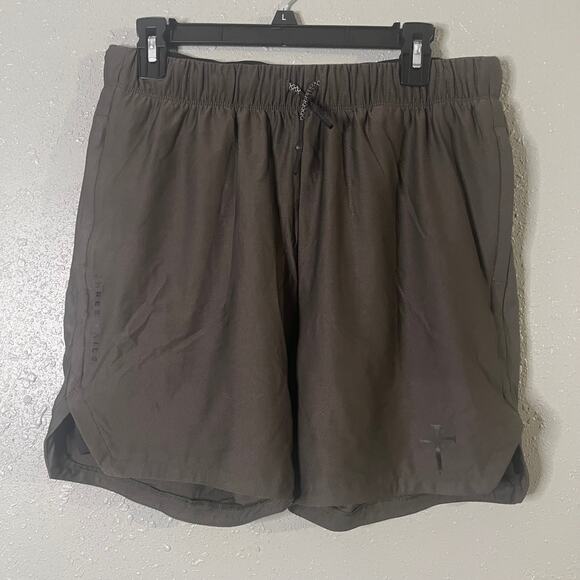 Three Nails Mens Lg Athletic Shorts Lines Dark Green Workout Athleisure Gym - Picture 1 of 5